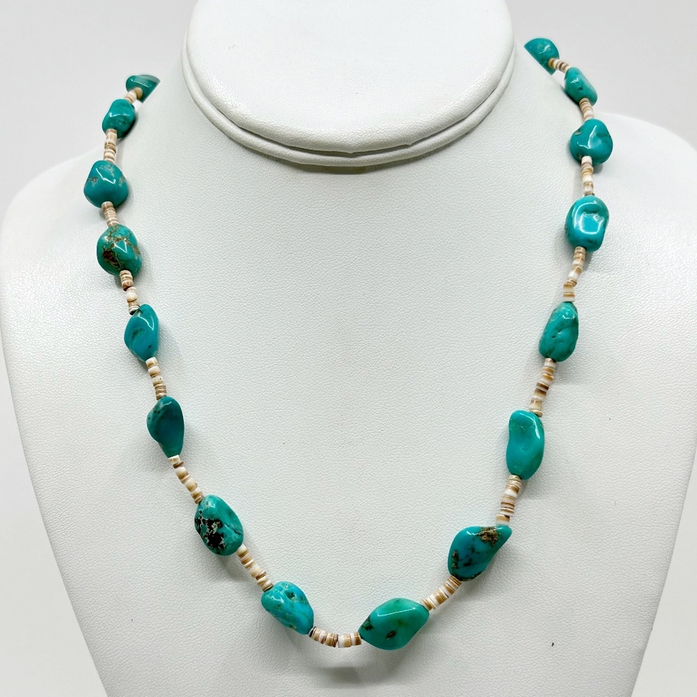 Navajo sterling silver turquoise & heishi shell bead necklace - GM1064